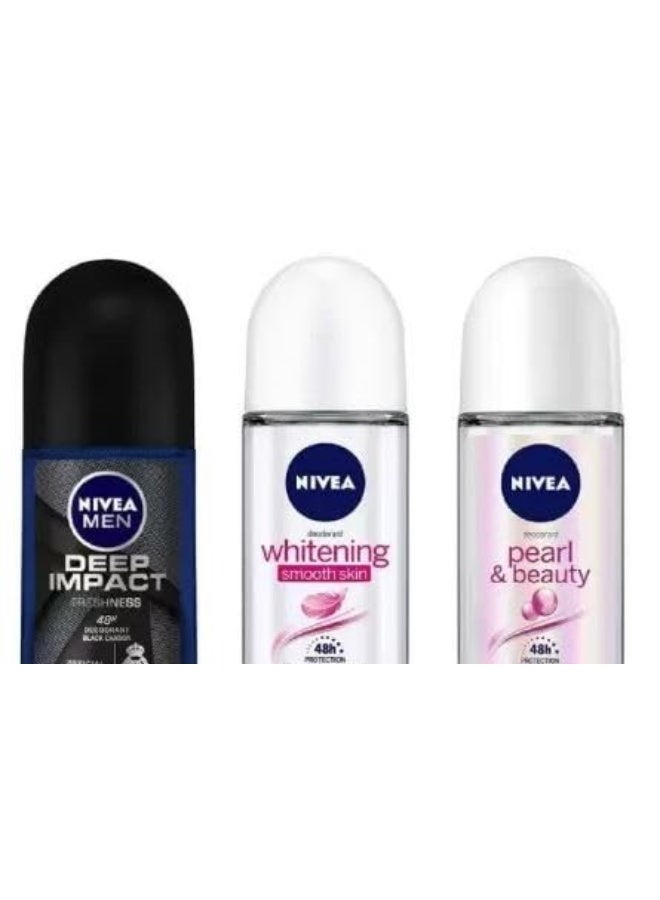 NIVEA Deodorant Roll-On Combo, Whitening Smooth Skin, Pearl & Beauty, Deep Impact, 50 Ml Each Deodorant Roll-on - For Men & Women (150 ml, Pack of 3) - Image 1